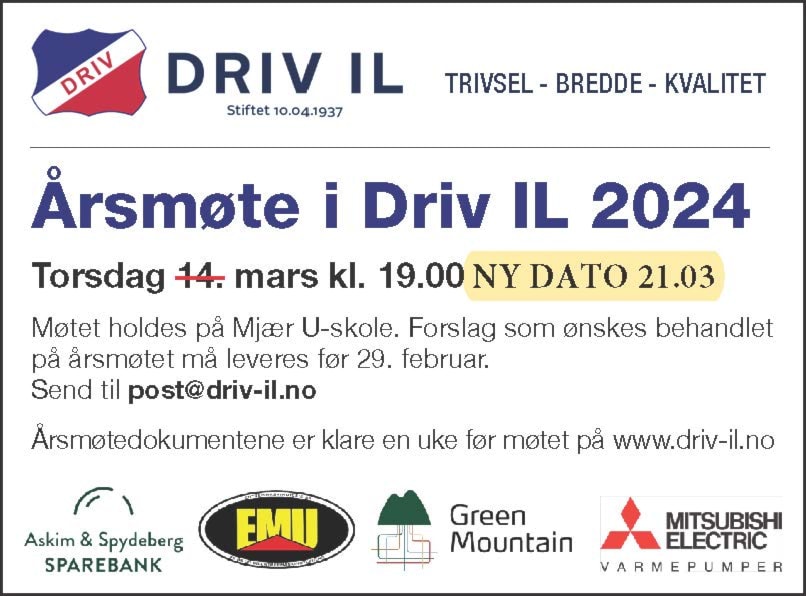 Årsmøte i Driv IL er flyttet til 21.03.2024